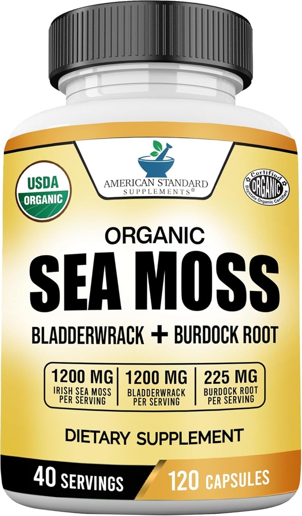 American Standard Supplements Organic Sea Moss, Bladderwrack & Burdock Root Capsules - 1200 mg Seamoss, 1200 mg Bladderwrack, 225 mg Burdock Kökleri - 120 Capsules, 40 Hizmetler