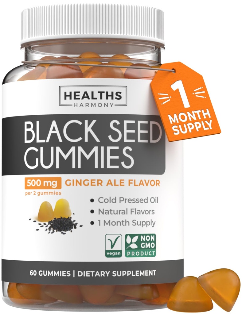 Black Seed Oil Gummies - Natural Ginger Ale Flavor (Non-GMO & Vegan) Cold-Pressed Nigella Sativa Producing Pure Black Cumin Tohum Yağı - 500 mg Per 2 Gummy
