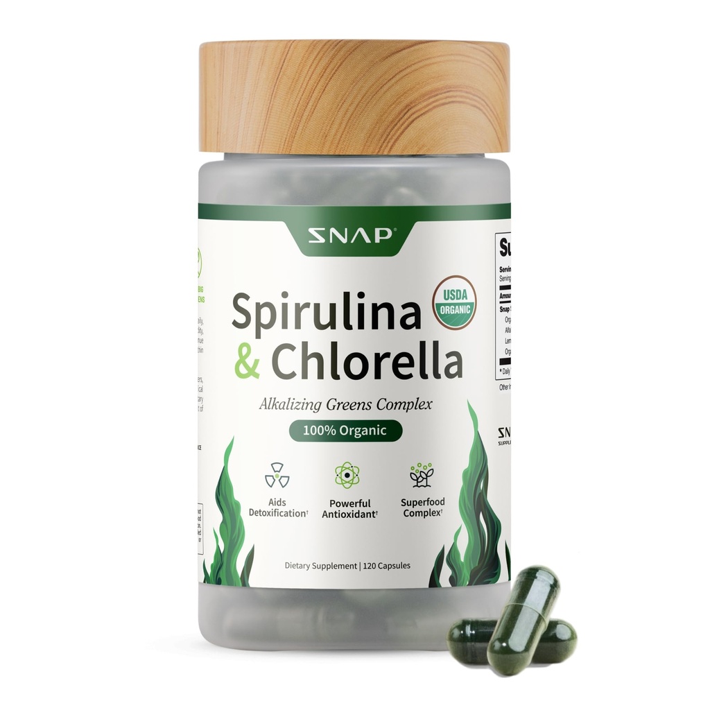 Συμπληρώματα Snap Organic Spirulina και Chlorella - Πρωτεΐνη Πλούσια Μπλε Πράσινη Algae Superfood συμπλήρωμα για την ενέργεια και ανοσοποιητική υποστήριξη, 120 κάψουλες χορτοφάγων (30 εξυπηρετούν, 1 μήνα προσφοράς)