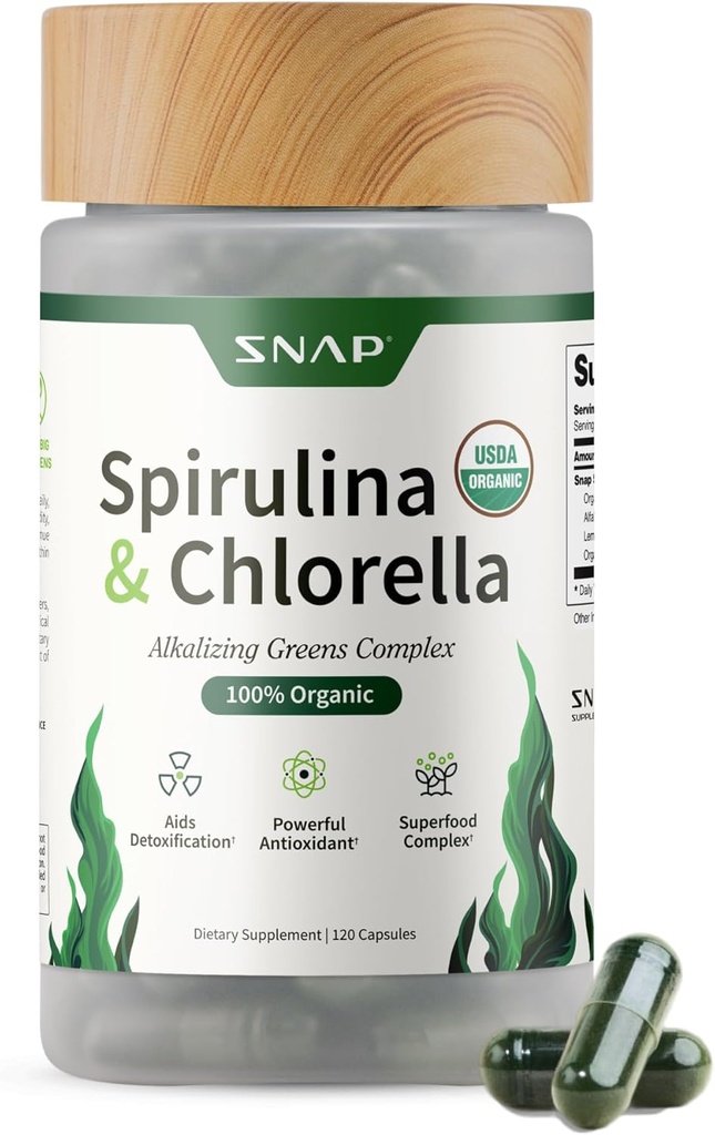 Snap Supplements Organik Spirulina ve Chlorella - Protein Rich Blue Green Algae Superfood Supplement for Energy and Immune Support, 120 Vegetarian Capsules (30 Hizmet, 1 Ay Supply)