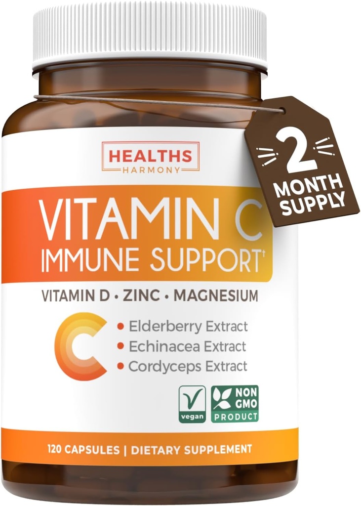 C Immune Support Supplement - Immune Boost Mix with Elderberry Vitamin C and Çinko for Daily & Mevsim Destek - Magnezyum çinko VIT C & D ve Herbal Savunma Kompleksi (2 Ay Supply)