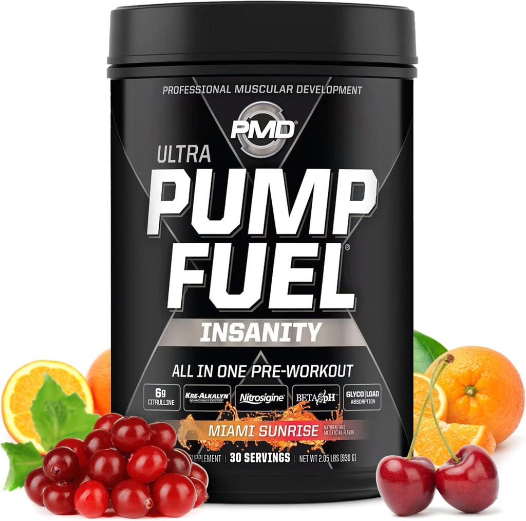 PMD Sports Pump Yakıt Insanlığı - Premium Pre Workout Toz & Muscle Pump, Greater Focus, Endurance & Recovery, Premium Kreine, Arginine & Beta Alanine - Miami Sunrise (30 hizmet)