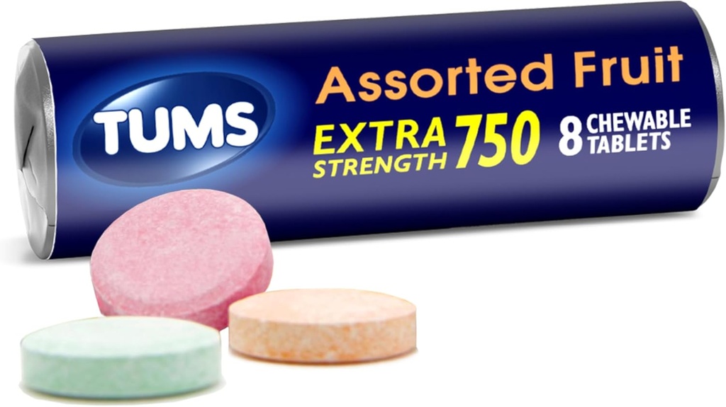 TUMS Extra Strength Antacid Tablets for Chewable Heartburn Relief and Acid Indigestion Relief, Assorted Fruit Flavors - 8 Count Roll