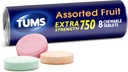 TUMS Extra Strength Antacid Tabletleri Chewable Heartburn Relief ve Acid Indigestion Relief, Assorted Fruit Flavors - 8 Count Roll