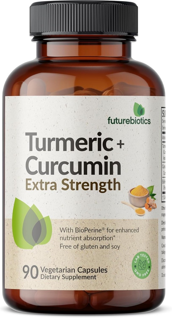 Futurebiotics Turmeric + Curcumin 1500 MG ανά υπηρεσία, Αντιοξειδωτικό, Κοινή Υποστήριξη & Θήκη με BioPerine για βελτιωμένη πρόσληψη θρεπτικών συστατικών, Μη ΓΤΟ, 90 κάψουλες χορτοφάγων