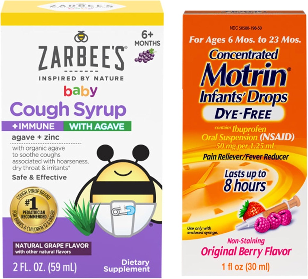Motrin και Zarbee’s Essentials for Infants Infants' Concented Liquid Medicine Drops with Ibuprofen and Zarbee's Baby Coughⱡ Σιρόπι + Ανοσοποιητικό με Organic Agave + Ψευδάργυρος