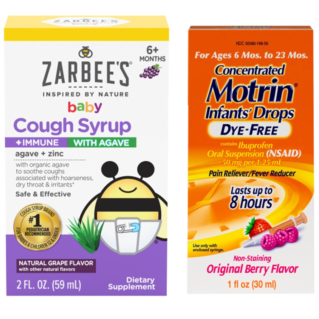 Motrin ve Zarbee's Essentials for Infants Infants' Yoğun Sıvı Tıp Ibuprofen ve Zarbee's Baby Cough Sy Syrup + Immune with Organic Agave + çinko
