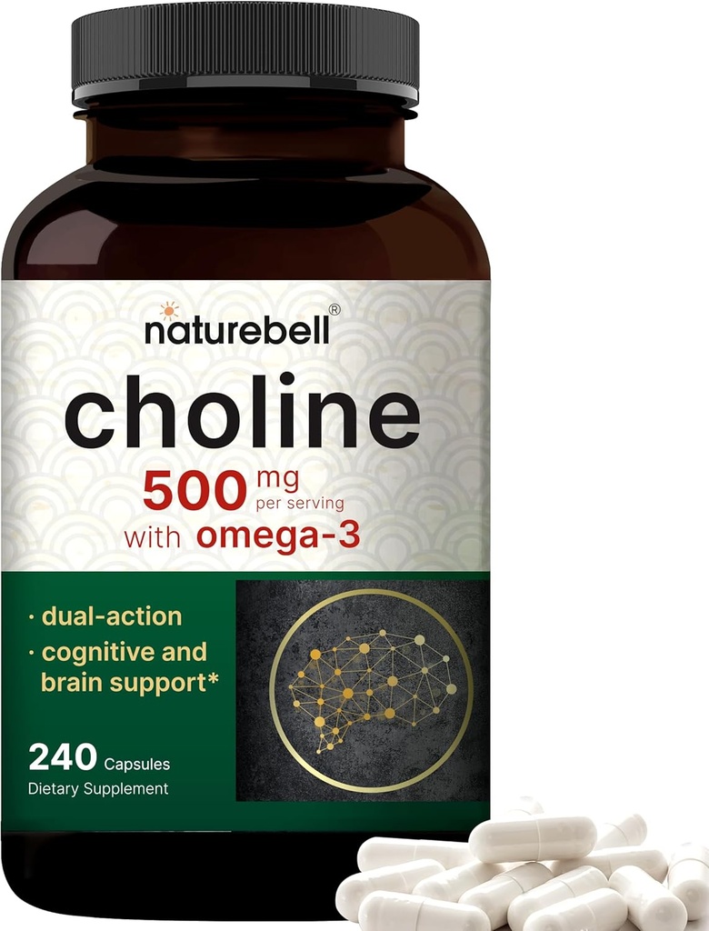 NatureBell Choline Supplements 500 mg with Omega-3 Fatty Acids, 240 Capsules | Yüksek Potency Choline Bitartrate – Prenatal Support duringlle – Optimal Health, Liver, Brain, & Cognitive Health