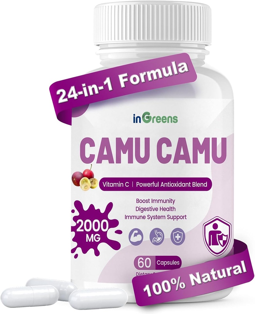 Organik Camu Camu Capsules 2000 mg | Yüksek Doğal Vitamin C, Güçlü Antioksit | 60 Capsules, Non-GMO, Gluten-Free, Immune Support & Skin Health