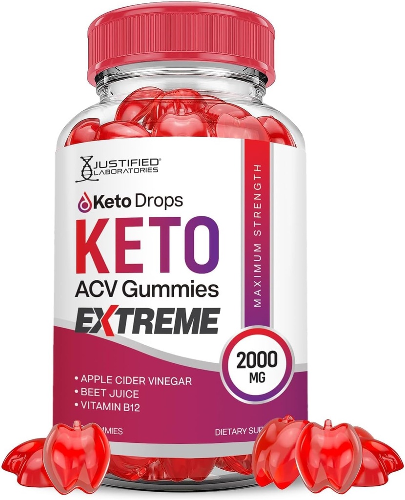 Justified Laboratories Ketos Keto ACV Gummies Extreme 2000MG Chem Drops Keto Gummies Advanced Formula Apple Cider Vinegar with Pomegranate Beet Juice B12 Vegan Non GMO 60 Gummys