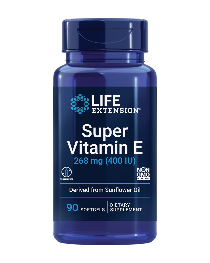 Life Extension Super Vitamin E, 268 mg (400 IU), Non-S Sentetik Vitamin E Supplement, Gluten-Free, Non-GMO, 90 softgels