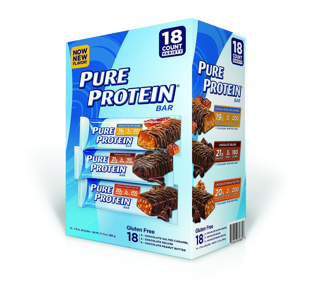 Pure protein Bar, Chocolate Peanut Butter/ Salted Caramel/Chocolate Deluxe, 18 Count
