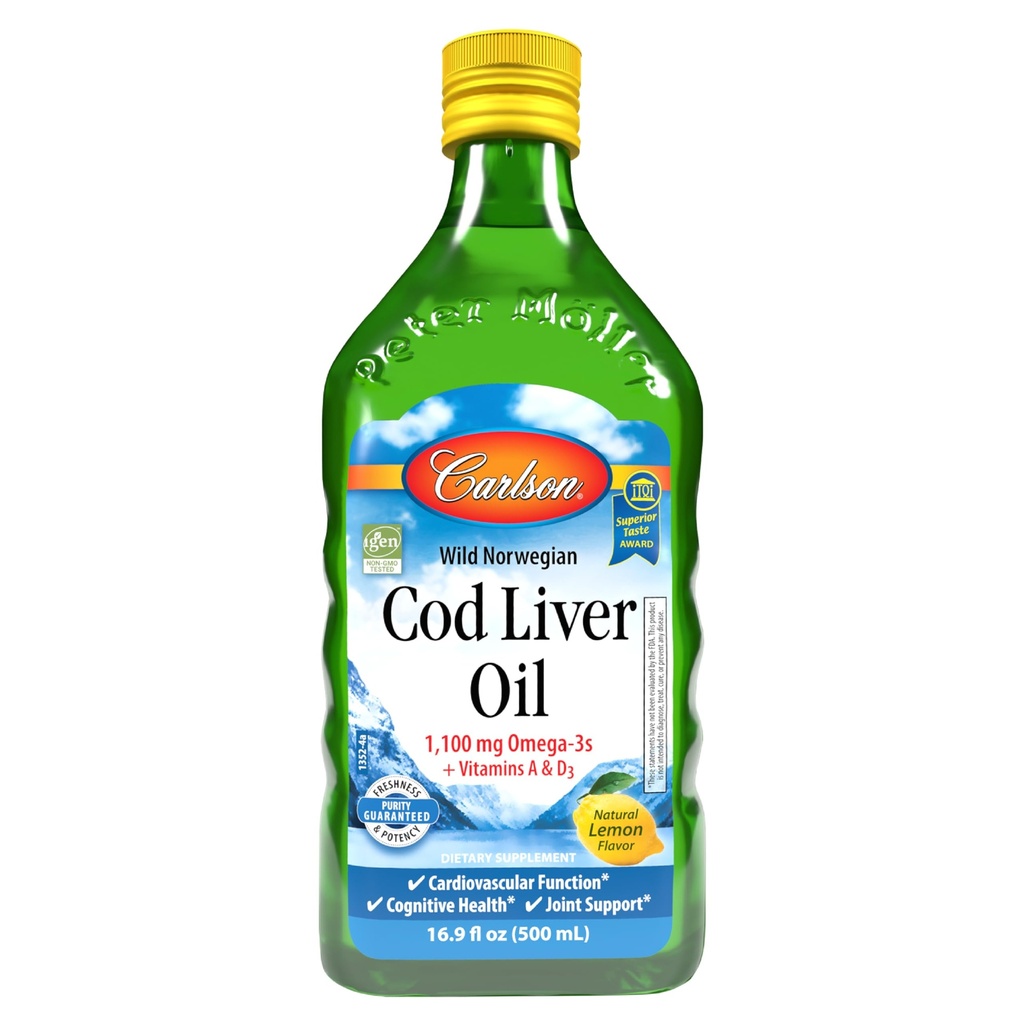 Carlson - Cod Liver Oil 1100 mg Omega-3s Plus Βιταμίνες A & D3, Wild Caught Norwegian Arctic, Sustainablely Sourced Nordic Fish Oil Liquid, Lemon, 500 mL (16.9 Fl Oz)