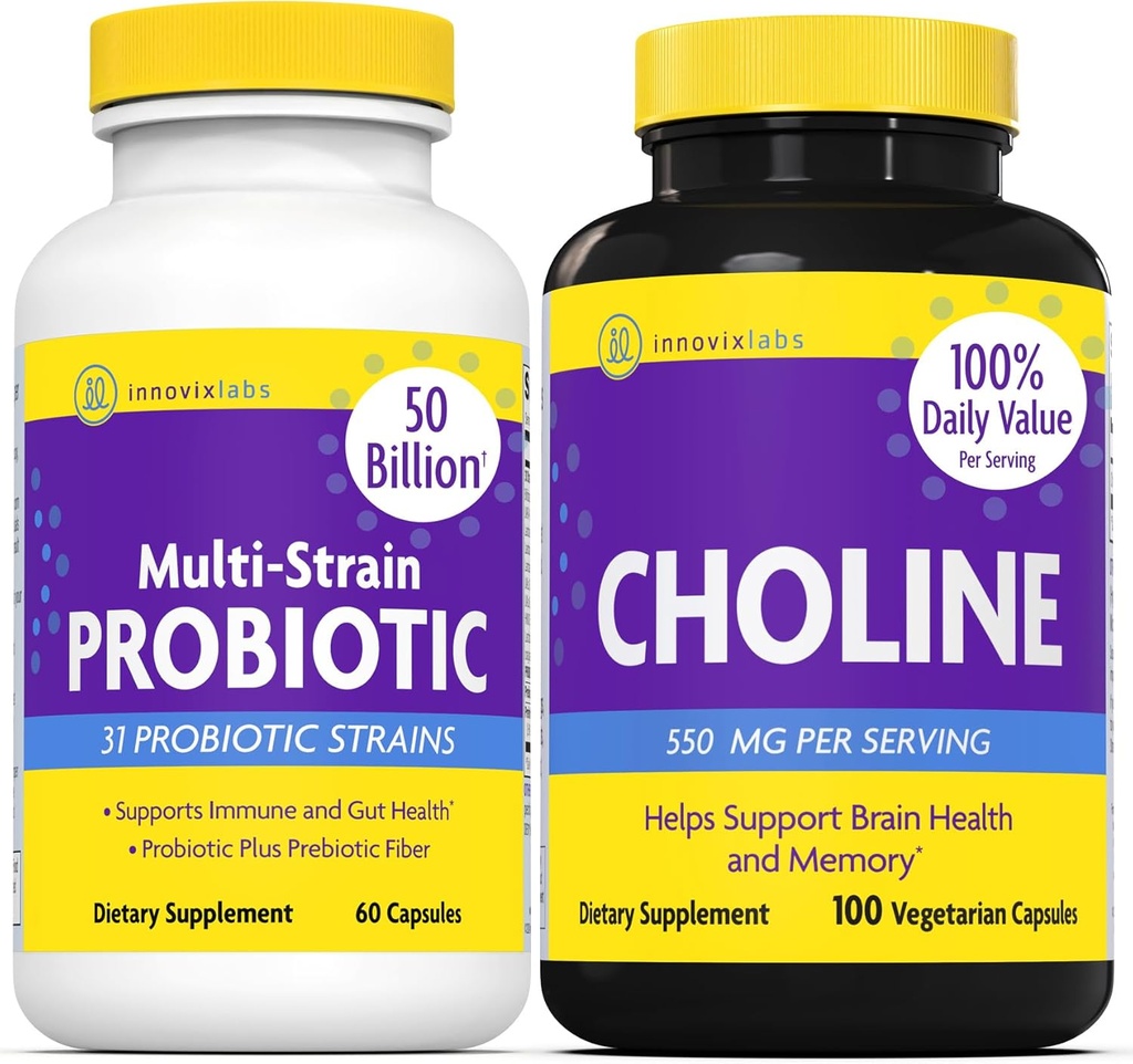 InnovixLabs Choline & Multi Probiyotik Sche Choline Bitartrate 550 mg (100 Capsules) Multi Strain Probiyotiks (60 Capsules). Helps Memory, Mood, Brain Health & Boost Cognitive.*