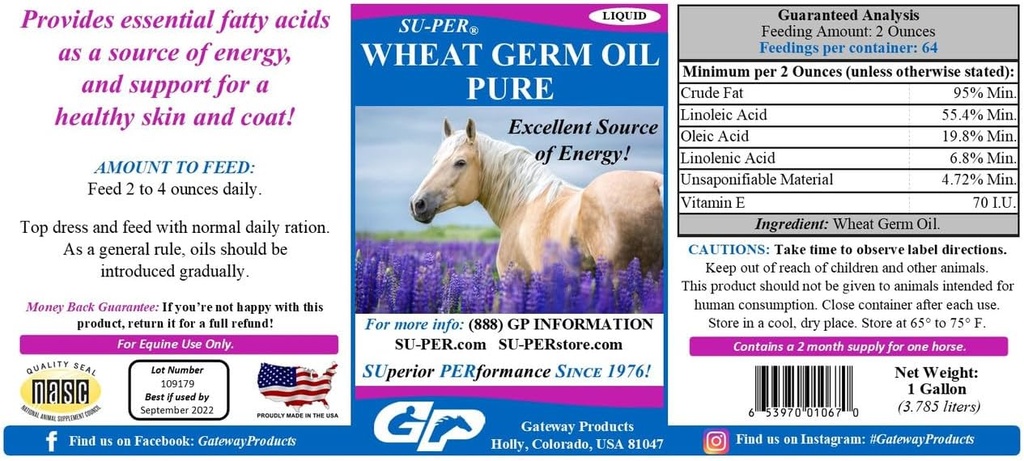 SU-PER Buğday Germ Oil Pure for Horses - Supports Energy, Endurance, Stamina, sağlıklı Skin ve Coat - Temel Fatty Asits, Vitaminler ve Mineraller - 1 Gallon + Pump, 4 Ay Supply