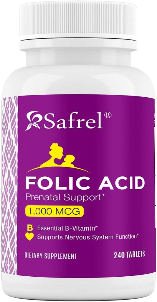 Safrel Folic Asit 1000 mcg (1 mg) - B9-240 Tabletler, Fetal Development, Red Blood Hücre Üretimi, Hücre ve Neural Development | Non-GMO, Vegan