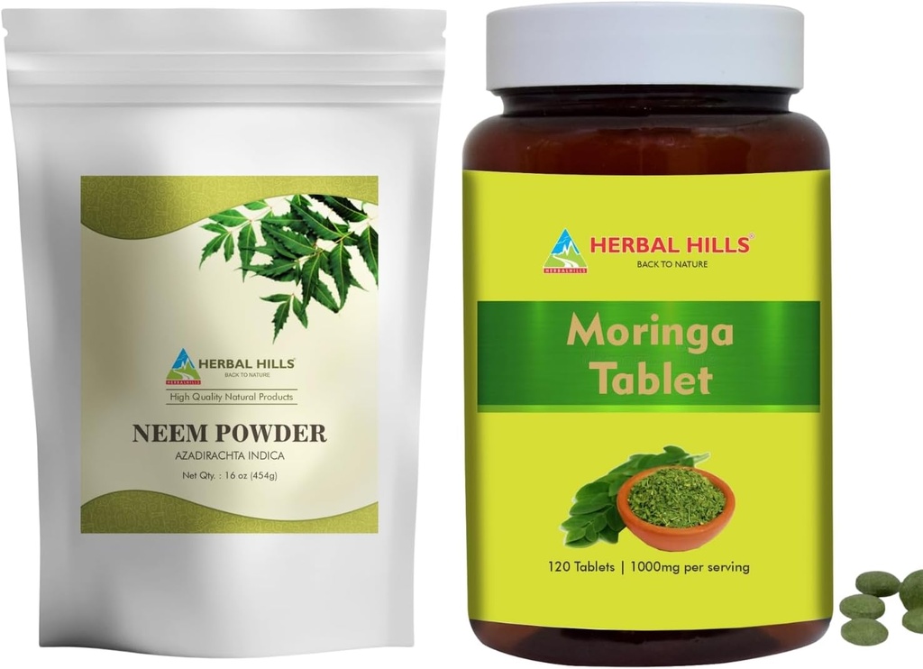 HERBAL HILLS Neem Leaf Toz ve Moringa Tabletleri Shigru 2 Combo
