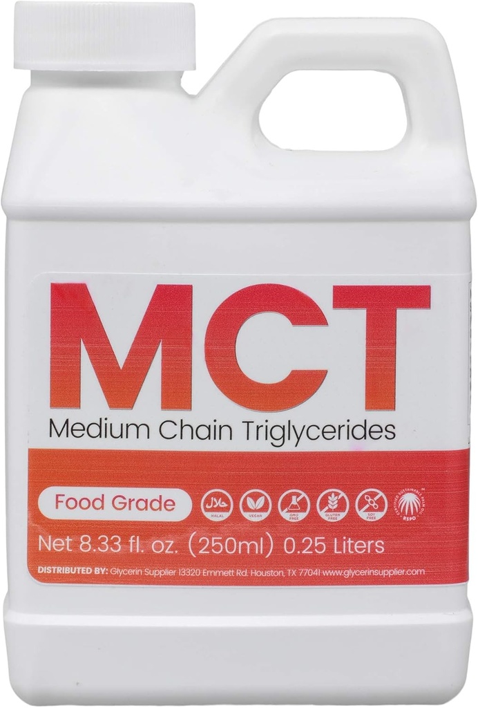 MCT Oil - 250mL (8.33 Oz.) Sürdürülebilir Palm Türlü - USP Food Grade - Non GMO - Halal - Spor Beslenme, Keto veya Paleo Diyet, Temiz Enerji, Türlemeler