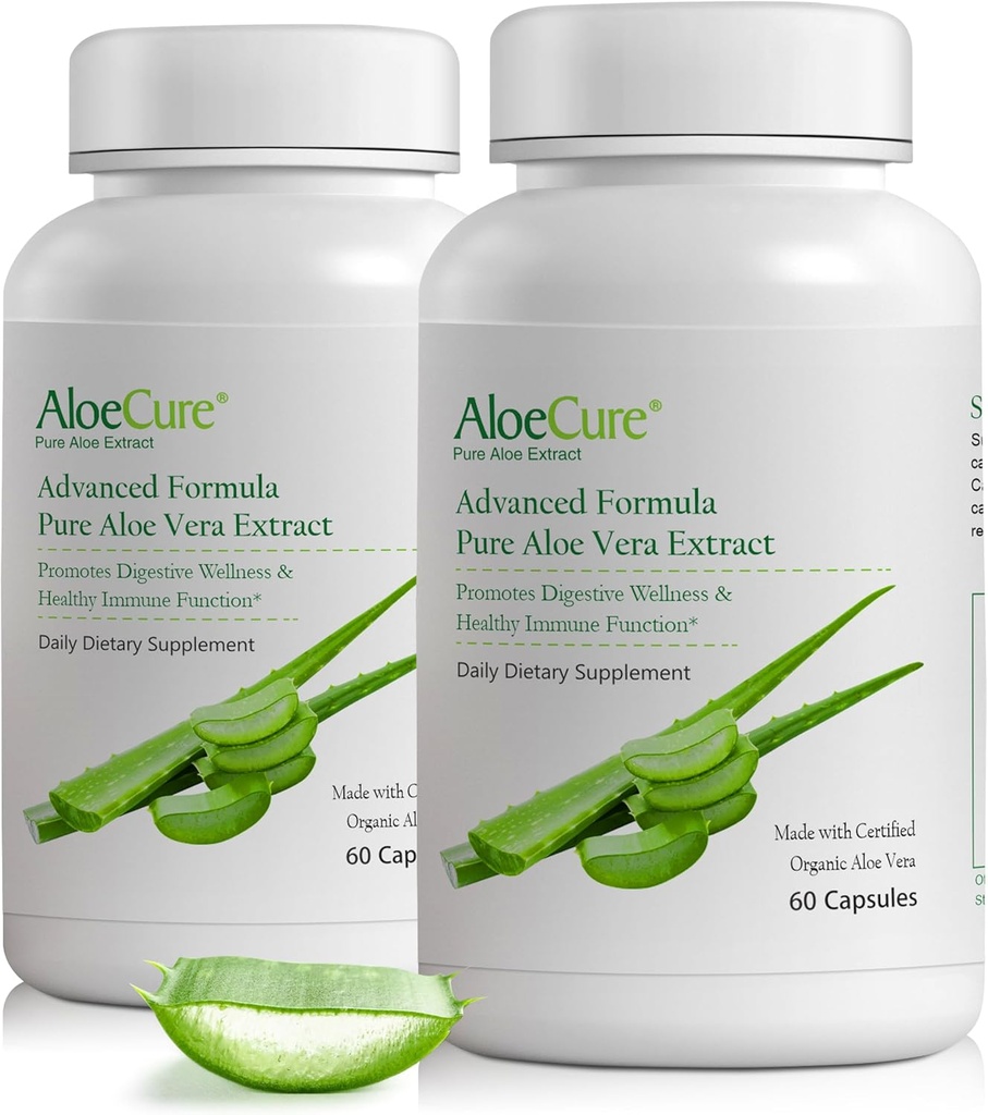 AloeCure Organik Aloe Vera Capsules, hizmet başına 160,000 mg İç Aloe Leaf Eşdeğer, Destek Gut, Digestive, & Immune Health, Helps maintain Balanced Stomach Acidity, Aloin Free, 60Caps x 2Btl
