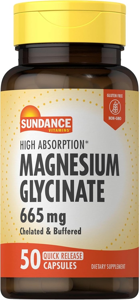 Sundance Magnesium Glycinate Capsules | 665 mg | 50 Quick Release Pills | Non-GMO and Gluten Free Supplement