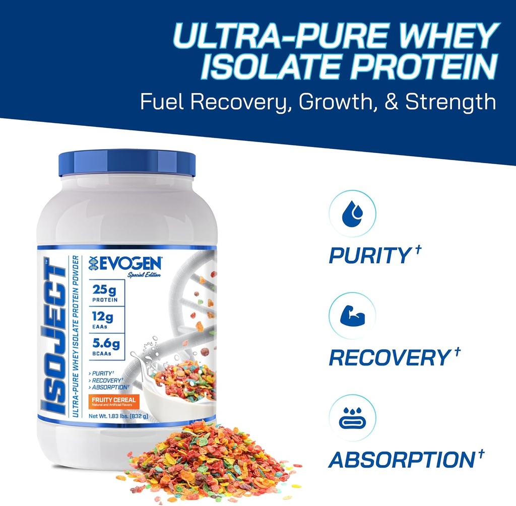 Evogen Isoject - Whey Protein Isolate | Ultra-Pure Whey Protein Powder with Ignitor Enzymes, BCAAs, and EAAs | Enhanced Absorption & Recovery | Fruity Cereal | 26 Servings
