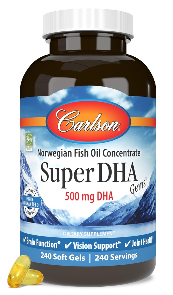 Carlson Super DHA Gems - 500 mg DHA Supplements, 640 mg Fatty Asits, Norveç Fish Oil Machinery, Wild-Caught, Sustainable Sourced Fish Oil Capsules, 240 Softgels
