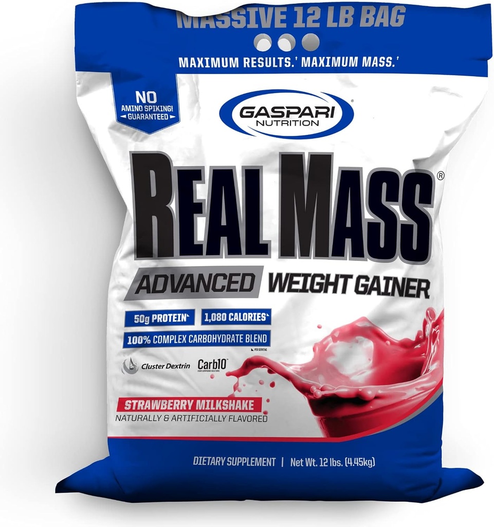 Gazpari Beslenme Gerçek Kitle: Gelişmiş Kilo Verme, Protein ve Kompleks Carb Mix, 50g Protein, 16g EAAs, Gluten-Free, 12 lbs (Strawberry Milkshake)