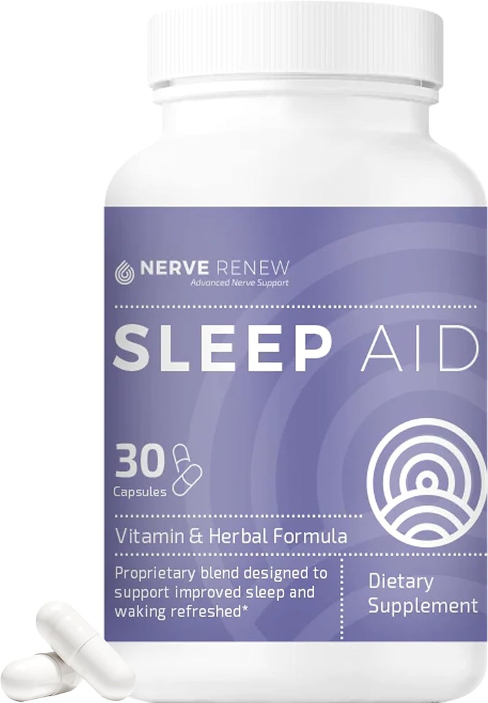 NERVE RENEW Uyku Yardımı - Daha İyi Uyku için Diyetsel Tamam - 30 Capsules - Hızlı Çalışın - Tüm Doğal Herbal ve Vitamin Formula Melatonin, Magnezyum, çinko, Amino Asits, Herb Türleri