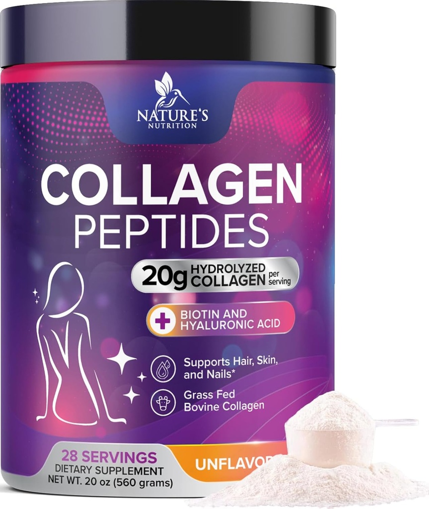Kadınlar ve Erkekler için Collagen Peptides Toz - Hydrolyzed Tip 1 & 3 Collagen Toz & Hyaluronic Asit - Saç, Çiç, Skin, Bone & Ortak Sağlık - Zero Sugar, Unflavored - 28 Servisler
