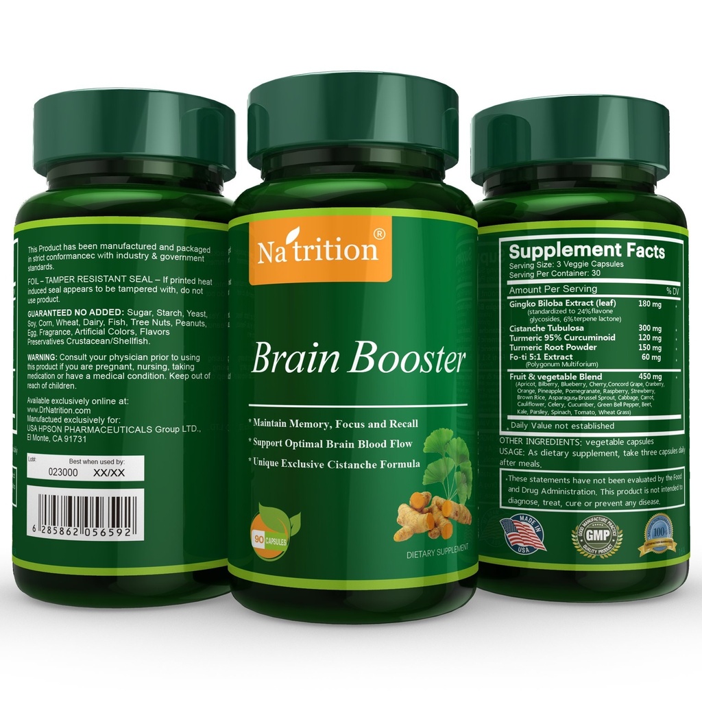Natrition Brain ATM - Ginkgo Biloba, Turmeric, Cistanche Tubulosa, Fo-ti Ekstraksiyon - Beyin Fonksiyonu için Doğal Antioksi Destek - Clarity, Focus ve Memory Advanced - 90 Veggie Capsules