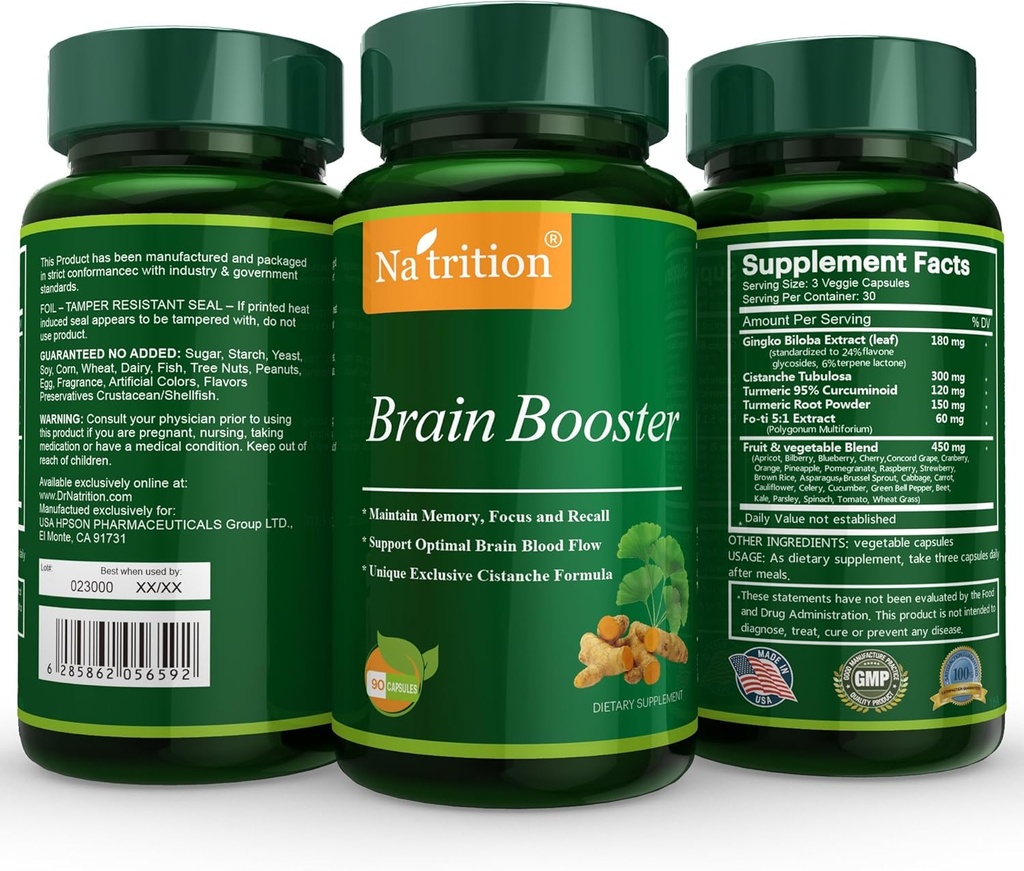 Natrition Brain Booster - Ginkgo Biloba, Turmeric, Cistanche Tubulosa, Fo-ti Extract Blend - Φυσική αντιοξειδωτική υποστήριξη για τη λειτουργία του εγκεφάλου - Καθαρότητα, εστίαση και ενίσχυση μνήμης - 90 κάψουλες λαχανικών