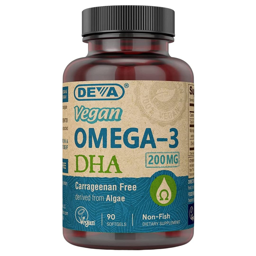DEVA Vegan Omega-3 DHA συμπλήρωμα, μία φορά την ημέρα Softgel 200 MG, Carragenan δωρεάν, Ζελατίνη δωρεάν, μη ψάρια, Algae Oil, Omega-3 λιπαρά οξέα - 90 Softgels