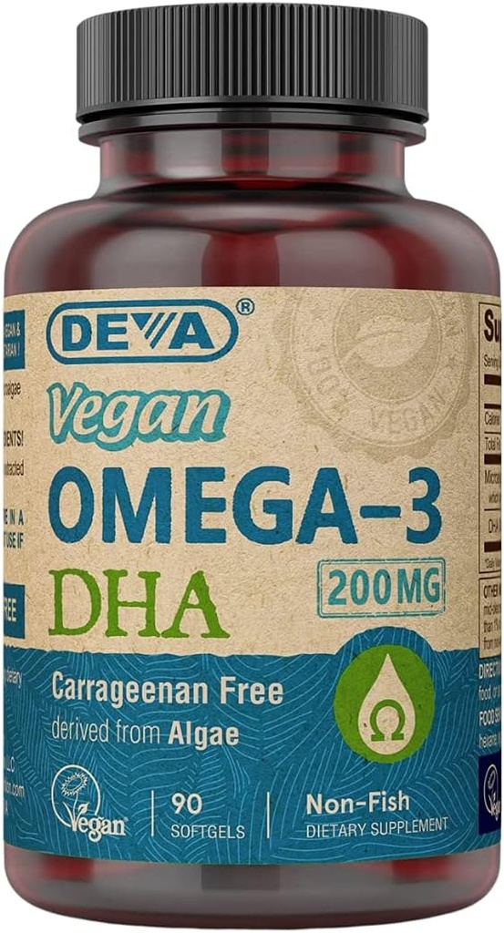 DEVA Vegan Omega-3 DHA συμπλήρωμα, μία φορά την ημέρα Softgel 200 MG, Carragenan δωρεάν, Ζελατίνη δωρεάν, μη ψάρια, Algae Oil, Omega-3 λιπαρά οξέα - 90 Softgels