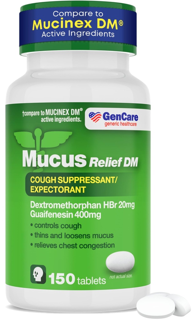GenCare - Mucus Relief DM (150 Kont Value Şişe) Dextromethorphan HBr 20 mg Guaifenesin 400 mg | Generic Mucus Relief DM | Immediate Release Uncoated Cough & Mucus Bektaş