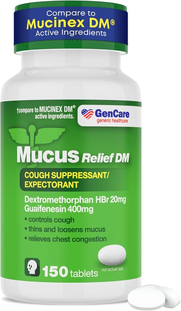 GenCare - Mucus Relief DM (150 Kont Value Şişe) Dextromethorphan HBr 20 mg Guaifenesin 400 mg | Generic Mucus Relief DM | Immediate Release Uncoated Cough & Mucus Bektaş