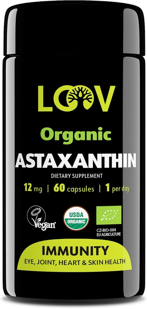 LOOV Natural Organic Astaxanthin 12mg – 60-Day Supply – Max Strength Antioxidant – Eye, Joint, Skin, Immunity – from Microalgae – Non-GMO, Vegan, Sustainable
