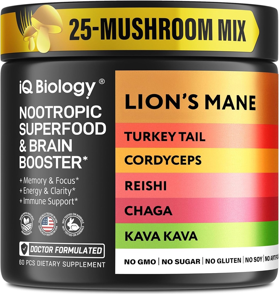 Kava Kava Root Cordyceps Lions Mane Reishi Mushroom Supplement, Nootropic Mushrooms Caps Κάβα Κάβα Extract, Mushroom Vitamins for Women, Ashwagandha, Magnesium - 60 Caps (1 Pack)