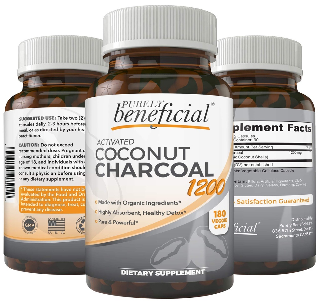 Aktif Coconut Charcoal 1200 mg, 180 Capsules - Digestive System, Bloating, Vegan (1bottle)