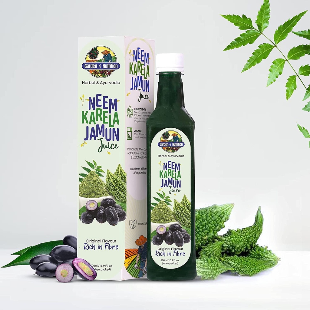 GARDEN OF NUTRITION Herbal and Ayurvedic Neem Karela Jamun Juice | Original Flavour | Fiber'te Zengin | 100% Pure Herbal Suyu (500 ml) 1 Paket
