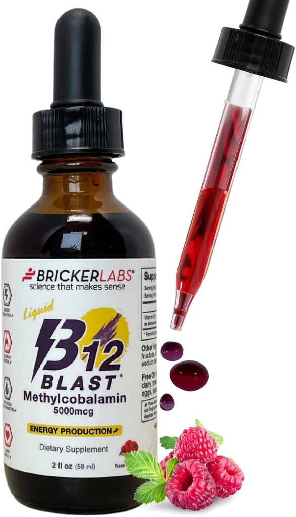 Briker Labs B12 Blast Methylcobalamin 5000mcg, Μεγάλη γεύση Υπογλώσσια Υγρή Ενέργεια Βιταμίνες - Vegan B12 Βιταμίνες, Παρατεταμένη Ενέργεια και Κυτταρική Υγεία Συμπλήρωμα - 59-Ημέρες σερβιρίσματος