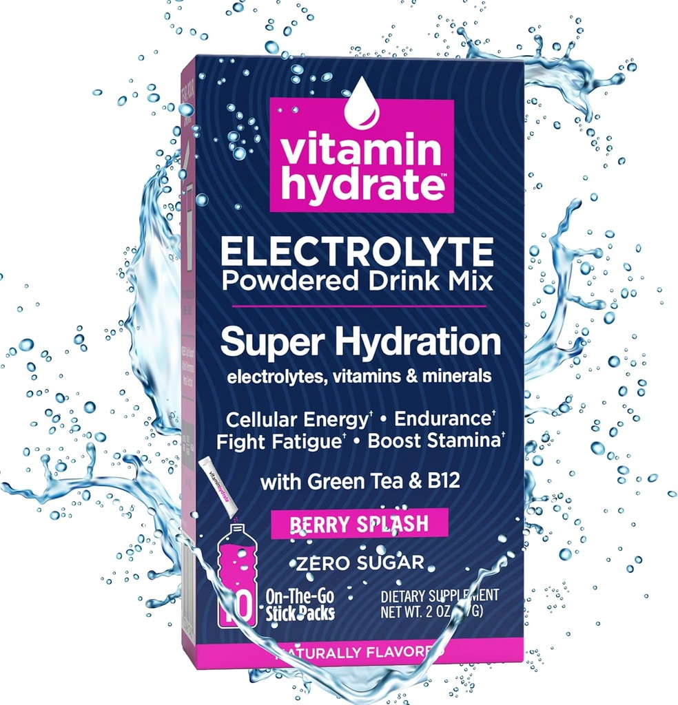 Hydrate Electrolyte Dusted Drink Mix, Super Hydration, Boost Stamina & Fights Fatigue, Electrolytes, Vitamins & Minerals, 0 Sugar, Berry Outlet, 10 Stick Packs