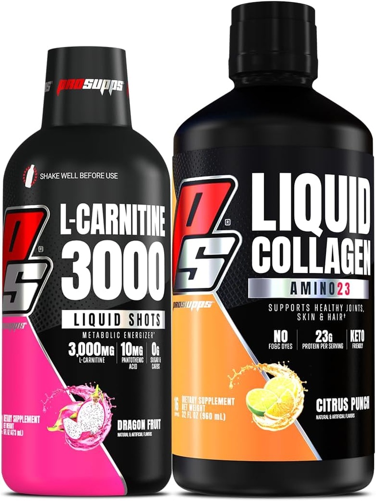 PROSUPPS L-Carnitine 3000 Stimulant Free Liquid Shots (Dragon Fruit) Amino23 Liquid Collagen Shots (Citrus Punch) Bundle