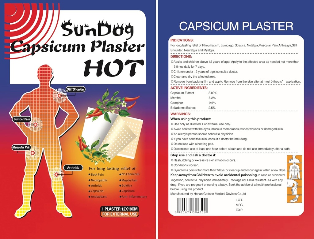 SunDog Natural Pain Relief Patches (10 Pack) - Extra Large, No Chemicals, 24hr Long-Lasting - Καψαϊκίνη + Menthol Therapy για τον πόνο στην πλάτη, μυική λύπη, Αρθρίτιδα - Premium Hot & Cold Patches