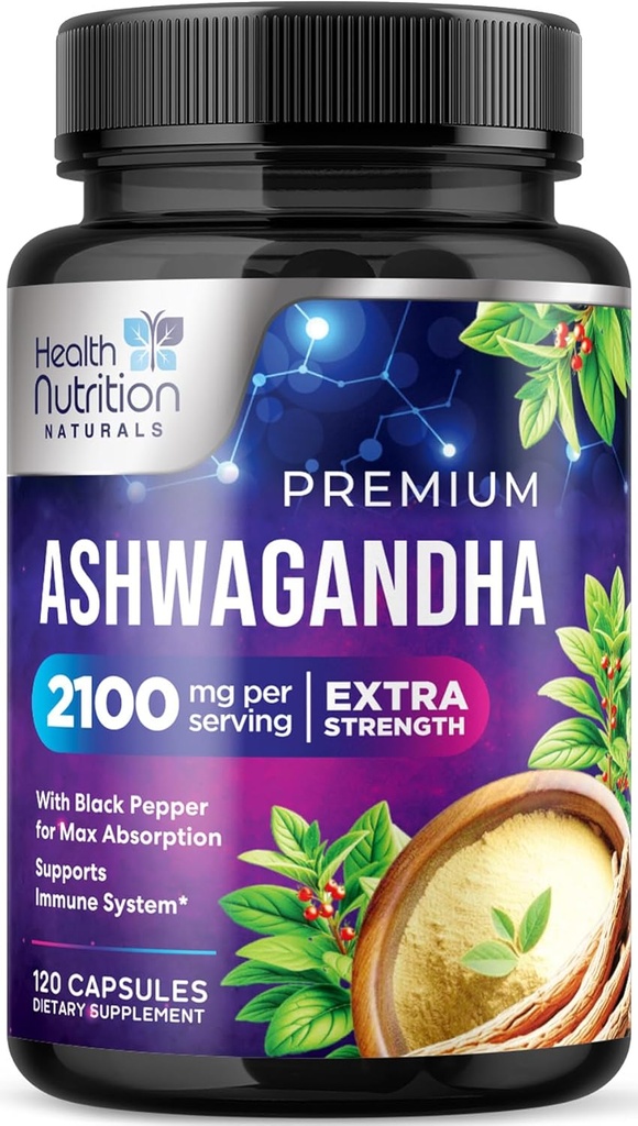 Ashwagandha Supplements - 2100 mg Ashwagandha Capsule for Women & Men, Natural Antioksi Support, Ashwa Root Extract, Extra Strength Calm Support with Black Pepper, Vegan & Gluten Free - 120 Capsules