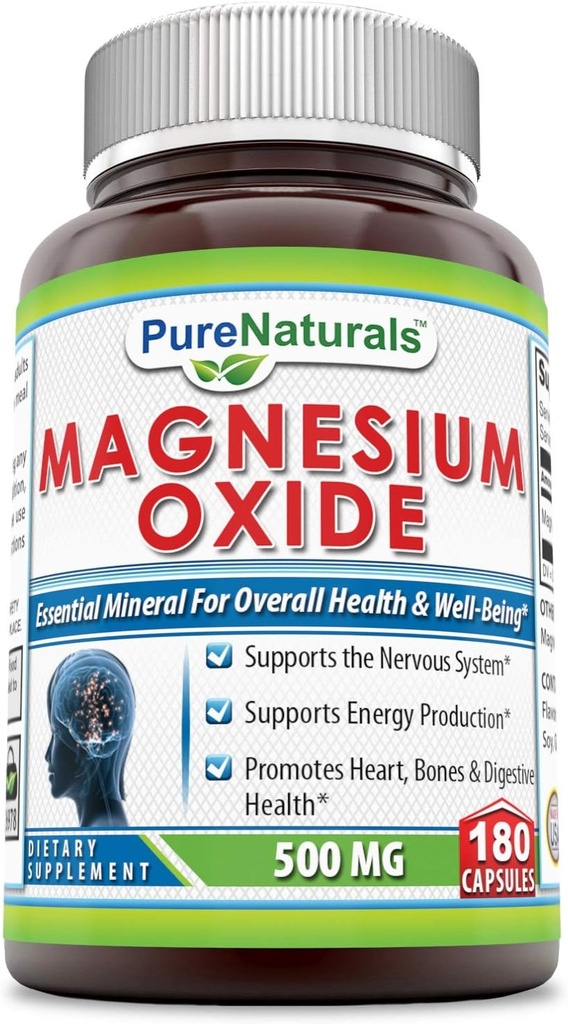 Pure Naturals Magnesium Oxide Supplement | 500 Mg per Serving | 180 Capsules | Non-GMO | Gluten-Free | Made in USA