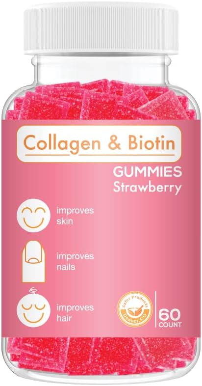 Collagen Biotin Gummies - Saçları Destekler, Skin & Nails Saç Büyüme Anti Aging Care Chewable Gummy Vitamins, Vegan, Non-GMO, Gluten Free, Gelatin Strawberry Flavor 60 Count, Pink