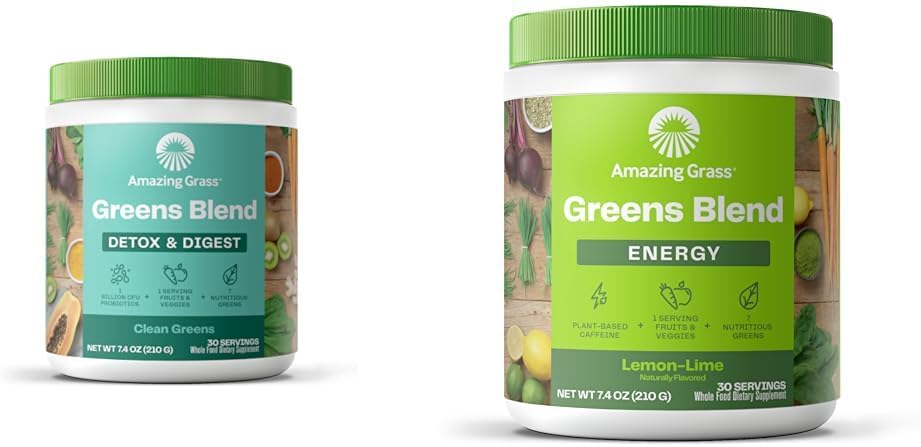 Amazing Grass Greens Mix Detox & Digest: Smoothie Mix, Cleanse with Super Greens Toz & Green Superfood Energy: Smoothie Mix, Super Greens Toz & Plant Based Caffeine