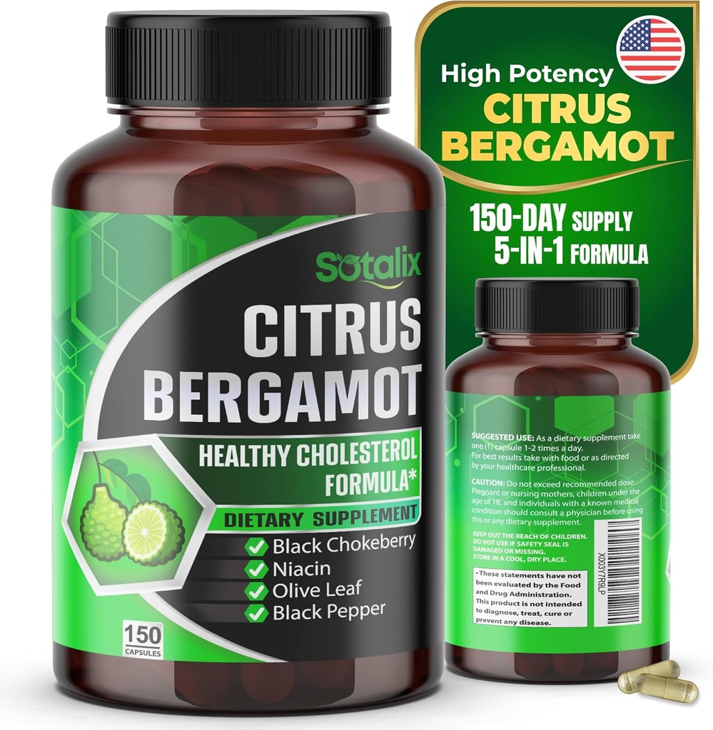 Premium Citrus Bergamot Organik Bergamot Supplement with Niacin Black Chokeberry Olive Leaf Black Pepper - Heart & Circulatory Function Support 150-day Support (150 Count (Pack 1))