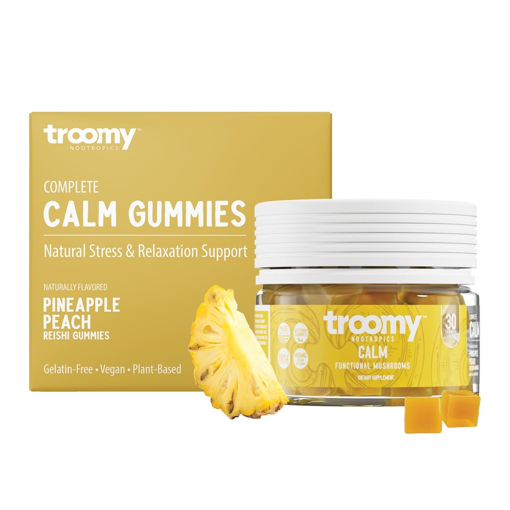 Troomy Reishi Calm Gummies Φυσικό ανανάς Ροδάκινο Γεύση, χωρίς ζελατίνη, χωρίς γλουτένη και χορτοφάγους - 30 κόμης