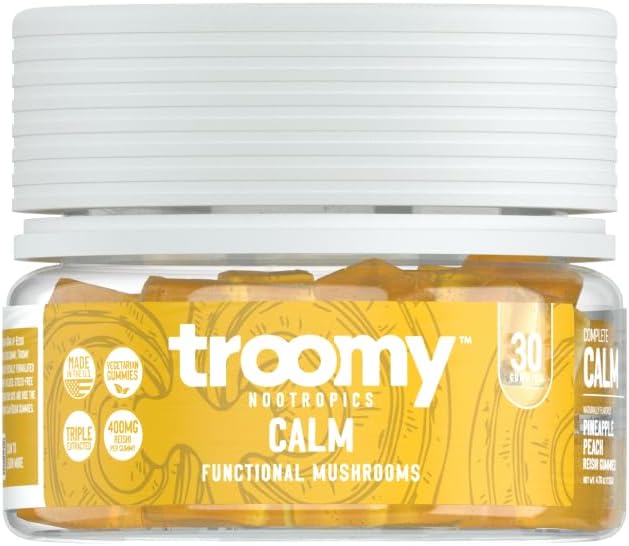 Troomy Reishi Calm Gummies Natural Pineapple Peach Flavor, Gelatin-Free, Gluten-Free ve Vegetarian - Count 30